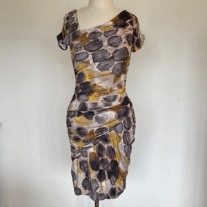 Weston Wear asymmetrical ruched dress, rayon knit print, S